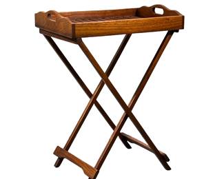 SLATTED WOOD TRAY WITH FOLDING STAND | Slatted wooden tray with handles and matching x-folding stand. -  l. 21 x w. 15 x h. 29 in