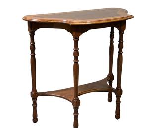 INLAY WOOD SIDE TABLE | Small rounded side table with dark wood inlay on top and small lower shelf above spindle legs. - l. 26 x w. 14 x h. 24 in