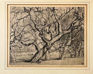 BENSON BOND MOORE (1882-1974) SIGNED WOOD BLOCK PRINT | Benson Bond Moore (American, 1882-1974) “Warped Willows”. Woodblock print on paper. 7.5in x 9.5in. Showing leafless trees in a park. Signed and captioned lower left. -  l. 15.5 x h. 14 in