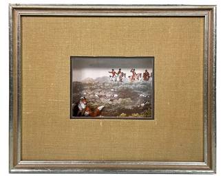“RESTING” FOX HUNTING SCENE IN SHADOW BOX | Small fox figurine in framed shadow box with with mounted hunters and hunting dogs depicted in background. Titled “Resting” Fox Hunting Scene 301 on back 4.25 x 3in sight. - l. 10.75 x w. 1.5 x h. 8.75 in