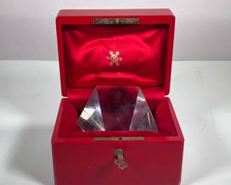 STEUBEN SIGNED PAPERWEIGHT | Star-shaped paperweight signed “Steuben” on bottom in clever cushioned red leather box marked “Corning, New York May 15-23 1964”. - l. 6.5 x w. 5 x h. 4.75 in