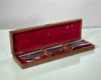 GERBER LEGENDARY BLADES CARVING SET | Includes; carving knife, carving fork, and knife sharpener in oak and red velvet box. Includes all original paperwork. - l. 18 x w. 5 x h. 2 in