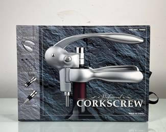 NEW IN BOX PROFESSIONAL CORKSCREW SET | Includes 2 extra corkscrews, foil cutter, stopper, spout and opener device, all brand new in box. - l. 11 x w. 8.25 x h. 2.75 in