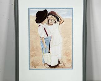 AMERICAN SCHOOL WATERCOLOR | Siblings in the Sand. Watercolor on paper. 9.5in x 13.5in sight. Signed in bottom right "W. K. Flynn". - l. 16.25 x h. 20.75 in