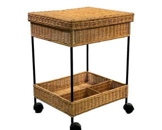 ROLLING WOVEN SIDE TABLE | Basket woven side table with backer organizer on bottom and plastic casters. - l. 19 x w. 16 x h. 24.5 in