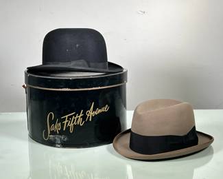 (2PC) PAIR MEN’S HATS | Includes; black Dobbs bowler, and Cavanagh Hats New York hat in Saks Fifth Ave hat box. - l. 15 x w. 13.5 x h. 8 in