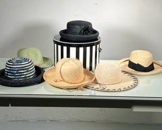 (6PC) MISC. WOMEN’S HATS | Includes 4 sunhats in various colors and styles and 2 other similar woven summer hats. - h. 8 x dia. 13.5 in (hat box)