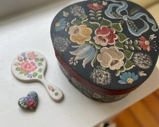 Many pieces of hand painted picture frames and keepskae boxes in the Baurenmalerei style.  $35-10 price range.