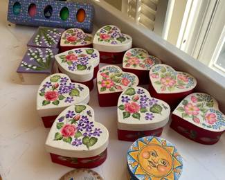 Many pieces of hand painted picture frames and keepsake boxes in the Baurenmalerei style.  $35-10 price range.