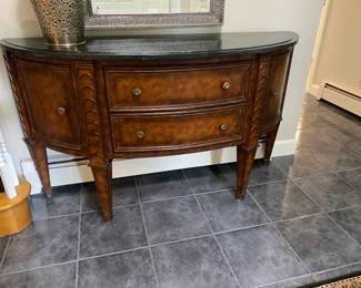 Curved dresser is 5' long and 19" deep.