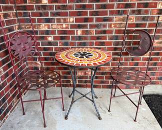 2' Round Red, Yellow, and Black Mosaic Outdoor Side Table with Tile Top and Two (Sun & Moon) Wrought Iron Chairs