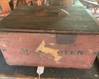 14. Red, wooden storage box, from Lancaster co, PA. Square nails.   Original wear. $135