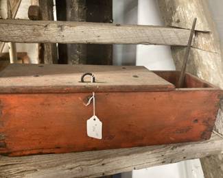 26. Red wooden tool box with oil can. $195