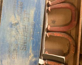 31. Official JC Higgins pitching horse shoes. Sold exclusively by sears roebuck co. Metal with wood painted box $95