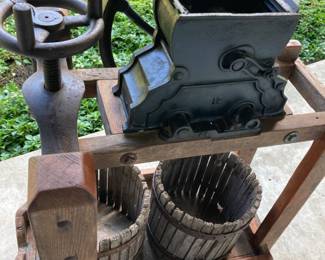 56. Antique wood, cast iron primitive apple grape press.  $899