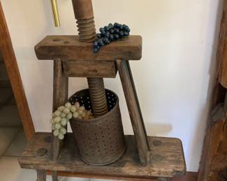 61Vintage German press. 49” tall, wooden table is 28” x 8”. $950. 