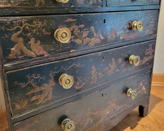 An antique Black Oriental Chest with Painted Decorated and original Brass Pulls. As is. 