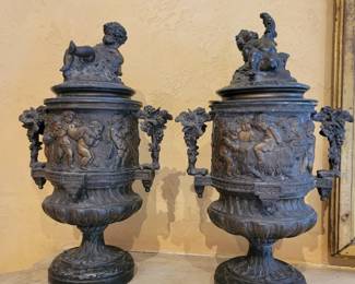 A pair of antique bronze French Urns. 