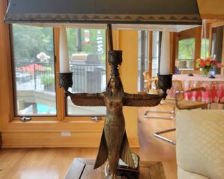 Vintage Cold painted Egyptian Winged Goddess Bronze Table Lamps.