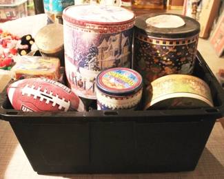 127 - Plastic Tote Full of Assorted Metal Tins
