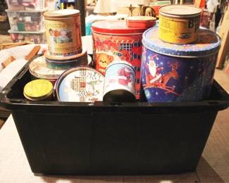 128 - Plastic Tote Full of Assorted Metal Tins
