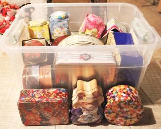 130 - Plastic Tote Full of Assorted Metal Tins
