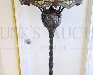 BEAUTIFUL!! - TIFFANY-STYLE DRAGONFLY STAINED GLASS FLOOR LAMP
W/ DRAGONFLY MOSAIC TILE & IRON BASE
FOOT PEDAL ON/OFF SWITCH - 3 BULB LAMP