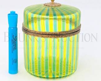 VINTAGE - VENETIAN ART GLASS LIDDED CANISTER
GREEN / YELLOW STRIPED