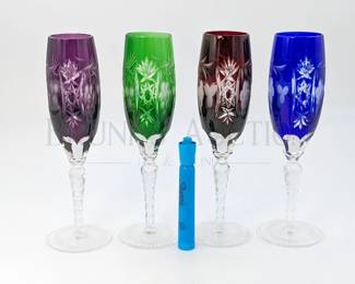 (X4) COLORED CRYSTAL CHAMPAGNE FLUTES, MULTI-COLORED
CUT TO CLEAR