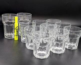(11) DRINKING GLASSES (LIBBEY/ANCHOR HOCKING)

(9) LIBBEY DRINKING GLASSES, 4"
(2) ANCHOR HOCKING DRINKING GLASSES, 5"