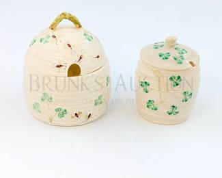 (2) BELLEEK HONEY POTS, SHAMROCK GREEN MARK 1960-19...