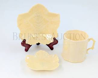 (3 PCS) BELLEEK SMALL LEAF DISH - 1940'S - 1950'S GREEN MARK, 4.5"...