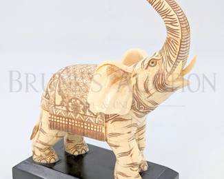 BONE CARVED ELEPHANT STATUE ON BLACK STAND MADE OF WATER B...