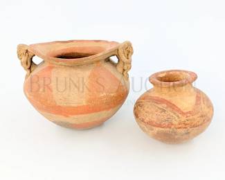 (2 PCS) POTTERY (1) POTTERY VESSEL WITH FIGURAL HANDLES 5...