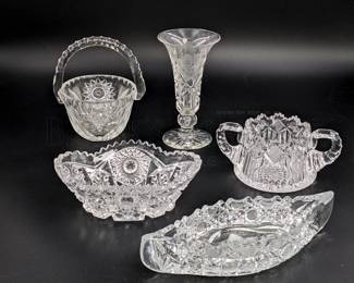 (5 PCS) CUT/PRESSED GLASS (1) FRY CRYSAL BASKET, 6" (1) VASE, 6" (1)...