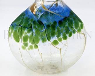 ART GLASS VASE - GREEN/BLUE/CLEAR SIGNED ON T...