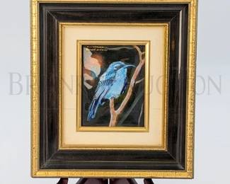 F.J. CARMONA LIMOGES ENAMEL PAINTED BIRD, FRAMED "TACAZZE...
