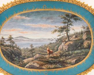Elegant Stag And Nature Scene: Highly Ornate Porcelain Serving Tray With Bronze Elements, No Reserve! Bid at: https://www.auctionninja.com/buyu-international/product/elegant-stag-and-nature-scene-highly-ornate-porcelain-serving-tray-with-bronze-elements-200085.html