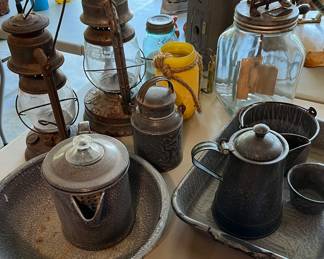 Vintage coffee pots, lanterns, pans