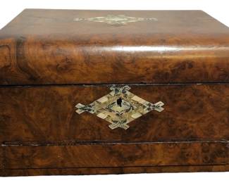 19th C. Victorian Burled Mahogany & Mother of Pearl Traveling Vanity