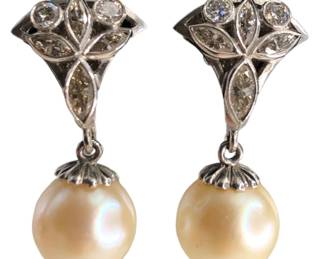 Art Deco 14k Gold Pearl Diamond Earrings