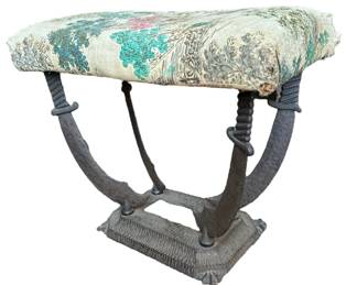 After OSCAR BACH Art Deco Hammered Iron & Needlepoint Sword Stool