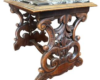 Antique Marble Top Carved Wood Pedestal