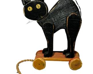Vintage Folk Art Black Cat Pull Toy