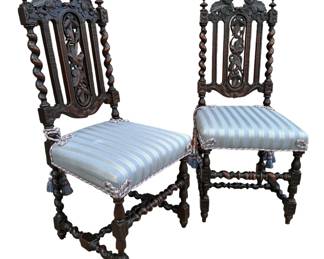 Antique Oak Heavily Carved Jacobean Style Chairs Pair