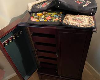 Mahogany Jewelry  Armoire , Vintage Embroidered Evening Bags 