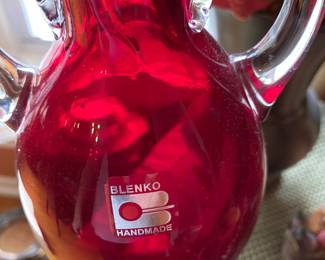 Mid Century Blenko Hand Blown Glass Double Handle Vase