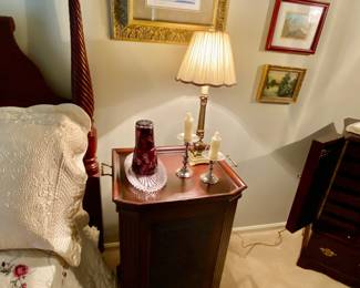 Bombay Furniture, Occasional Table with Butlers Tray and Marble Top. Lattice Design, Cranberry Bedside Carafe