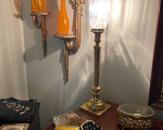 Richard Honquest Brass/Crystal PAIR Buffet Lamps