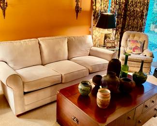 H.M Richards Micro Suede Cream Sofa. Red Oak of Long Grove, Mahogany Chest Cocktail Table with Storage